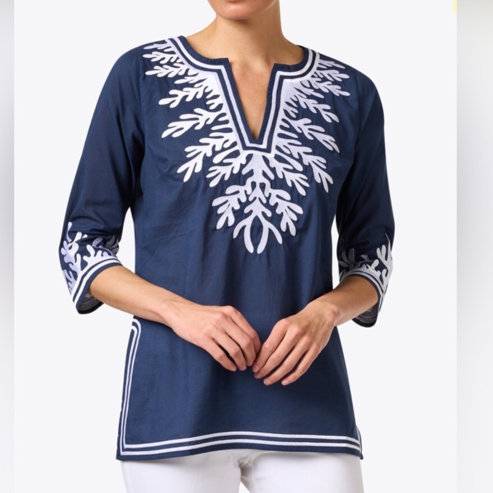 GRETCHEN SCOTT DESIGNS Navy Reef Embroidered Cotton Tunic size Large